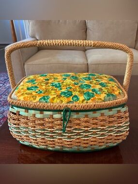 Vintage Japan MCM Woven Wicker Sewing Basket Lined with Handle floral